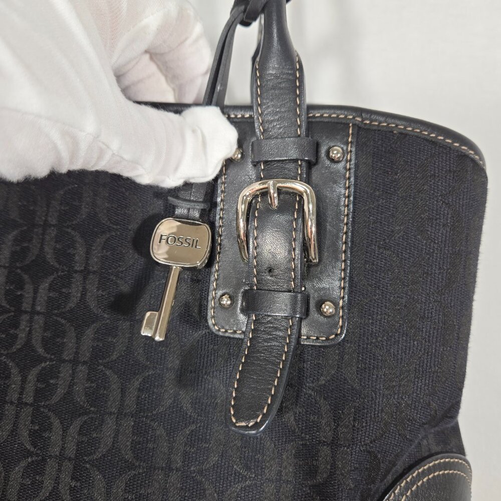 Vintage FOSSIL Y2K Whimsigoth BLACK Signature Canvas Leather Trim Shoulder Bag. - Picture 11 of 17
